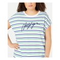 thumbnail image 3 of TOMMY HILFIGER Womens White Striped Short Sleeve Crew Neck Above The Knee Shift Dress Plus 1X, 3 of 4