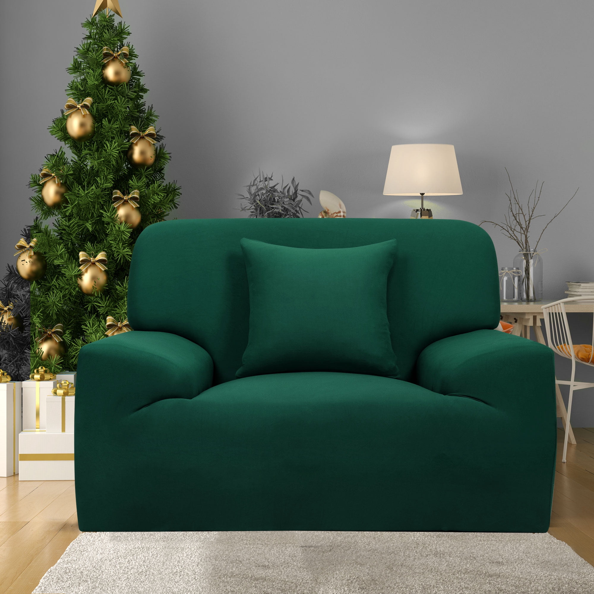 PiccoCasa Thick Stretch Sofa Cover 1 Seater Solid Couch Cover, Dark Green