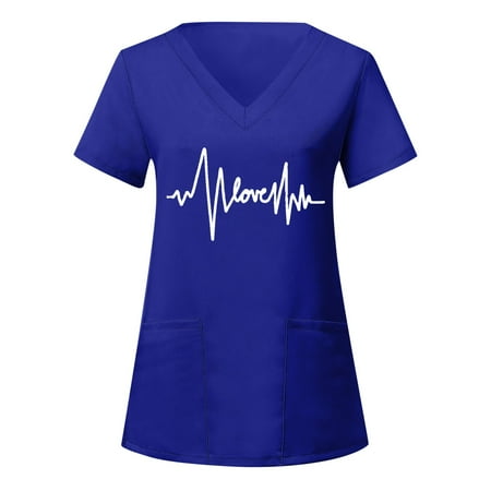 

Women Scrubs Top Love Heart Printed Short Sleeve V Neck Nursed T Shirt With Pocket Spring Summer Daily Nursing Uniforms Nursing Care Working Uniforms