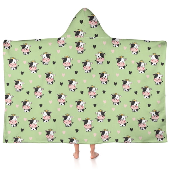 Cow and Heart Green Pattern Hooded Bath Towel Wrap for Teens Ages 3 To 12, Soft Lightweight Quick Dry Microfiber Bath Beach Pool, 60"x35"