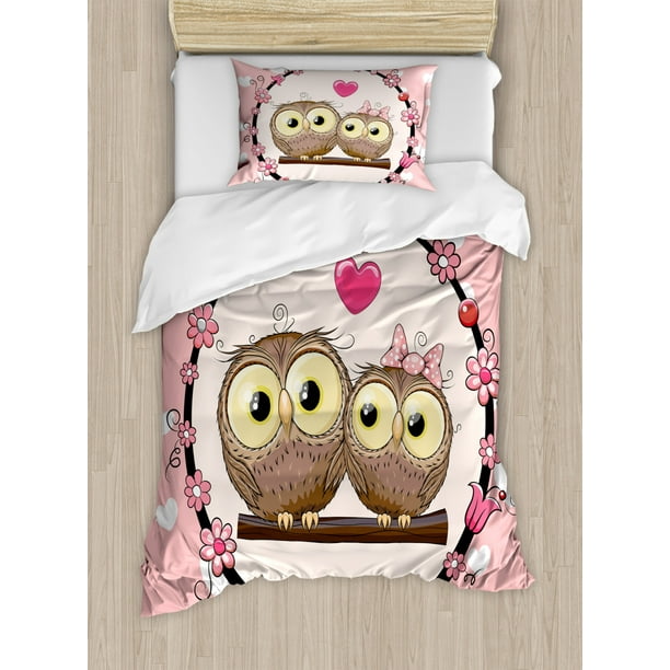 Owls Duvet Cover Set Lovely Owl Couple On Tree Branch Fl Wreath Celebrations Cheerful Art Decorative Bedding With Pillow Shams C Brown Pale Yellow By Ambesonne Com Pillow Shams C Brown Pale Yellow, Brown Owl Bedding