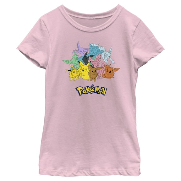 Girl's Pokemon Pikachu and Eeveelutions Logo  Graphic Tee Light Pink Medium