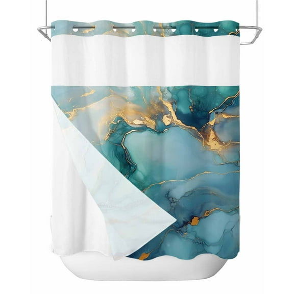 No Hook Shower Curtains with Snap in Liner, Teal Marble Waterproof Fabric Shower Curtain, Impressionist Ink Painted Abstract Double Layers & See-Through Top Window Bathroom Curtains 72''x72''