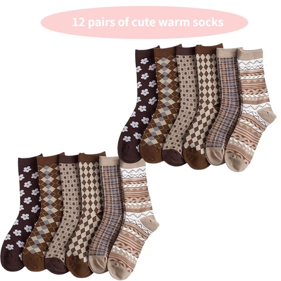 12 Pairs Women's Patterned Crew Socks, Soft Knit Fall Winter Socks, Coffee Tone & Assorted Retro Designs, Cozy Daily Wear Socks