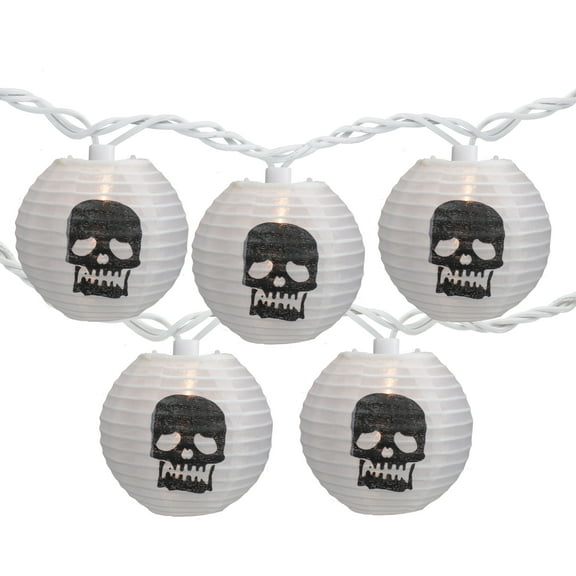 Northlight Skull Paper Lantern Halloween Lights - White and Black - 9' White Wire - 10ct
