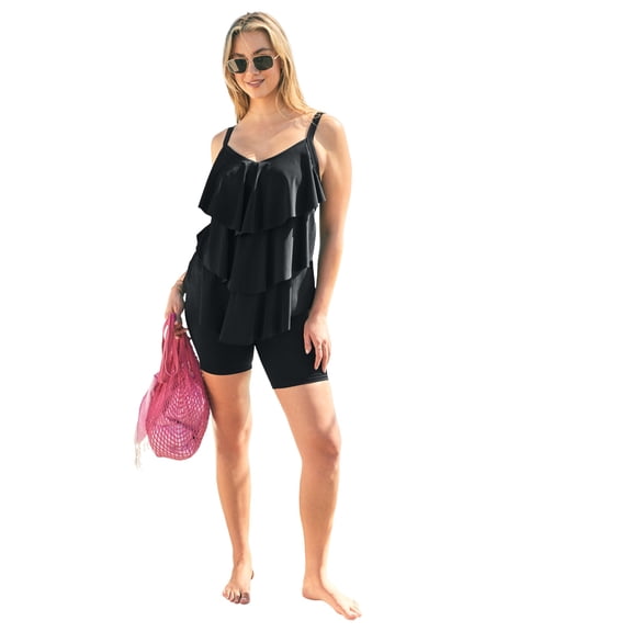 Swim 365 Women's Plus Size Longer-Length V-Neck Tiered-Ruffle Tummy Control Tankini Top