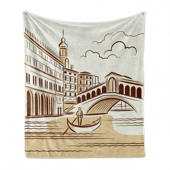 Venice Soft Flannel Fleece Blanket, Stencil Art Display of Tranquil Venetian Landscape Bridge Buildings and Gondola, Cozy Plush for Indoor and Outdoor Use, 60" x 80", Burgundy Cream, by Ambesonne