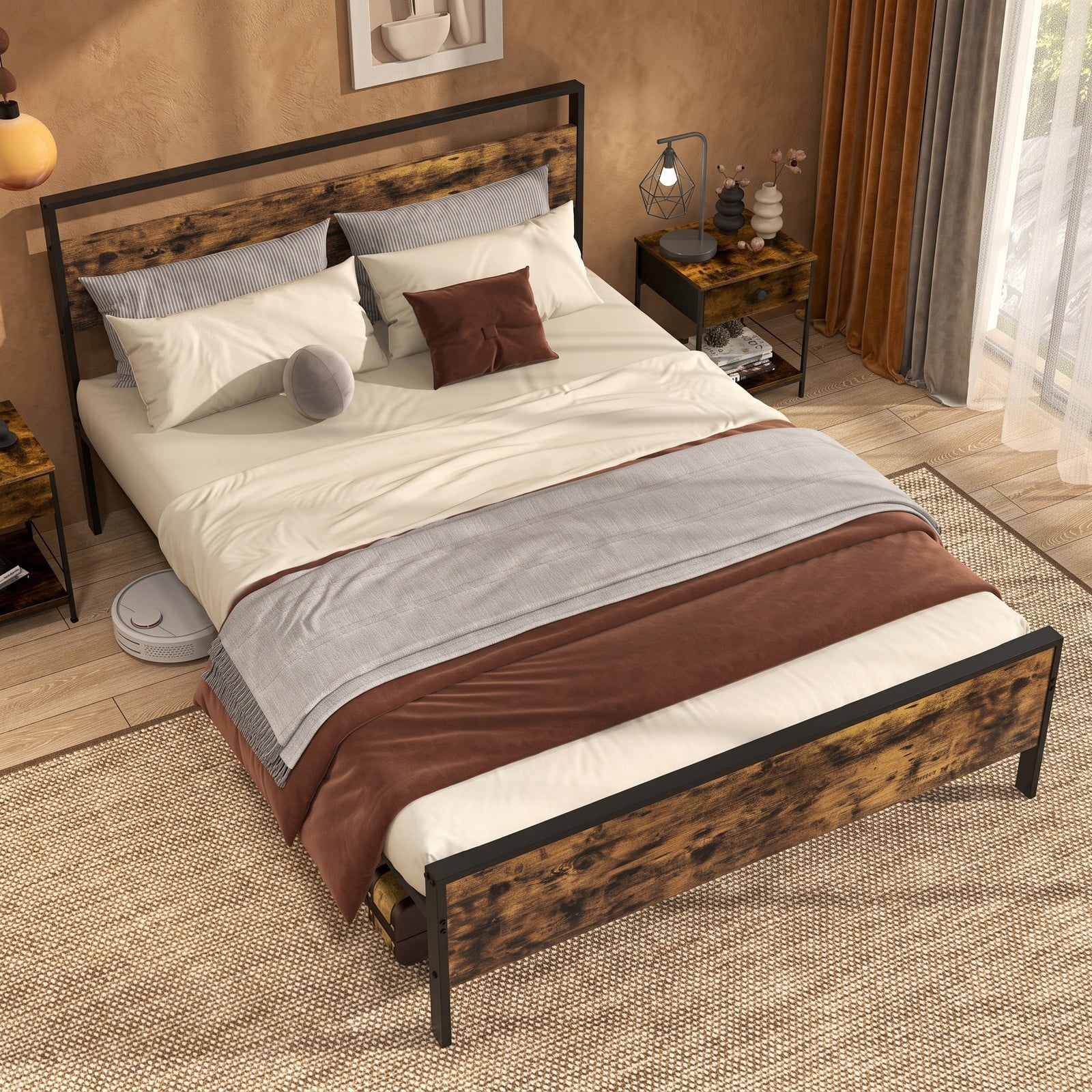 Furnibear Queen Bed Frame with Storage, Industrial Metal Platform Bed with Wooden Headboard and Under-Bed Space, Rustic Brown