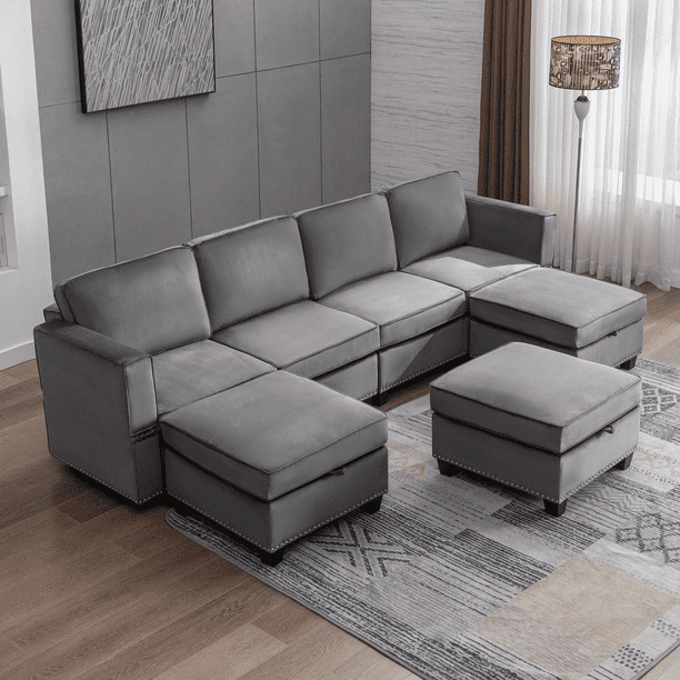 BALUS U L Shape Sectional Sofa with Storage Ottomans, Adjustable