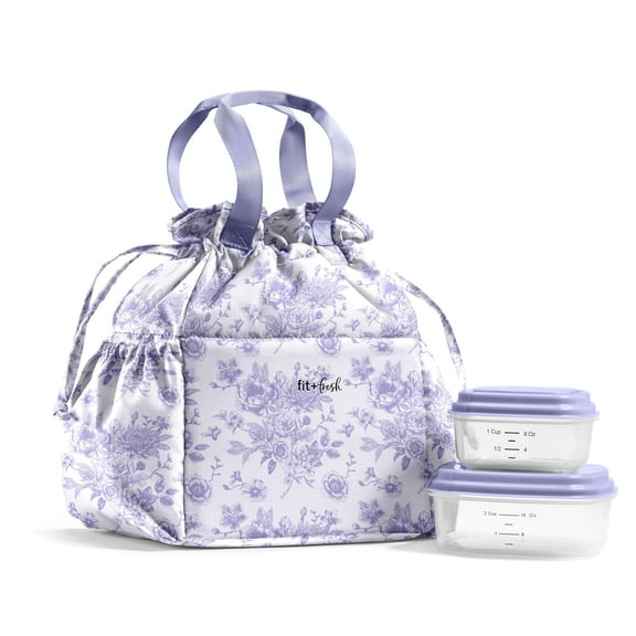 Fit   Fresh Cromwell Women's Lunch Bag, Cinch Closure Lunch Box With Containers, Lavender Toile
