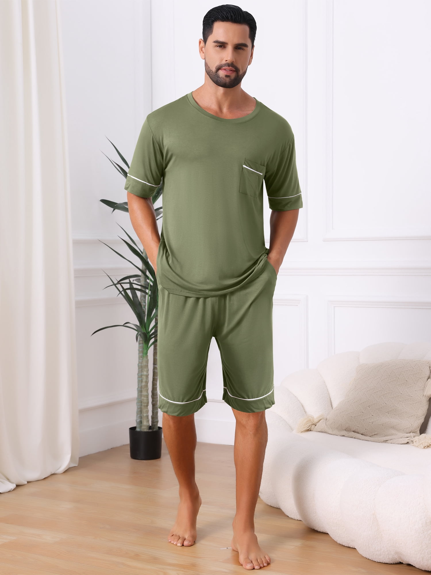 DARING DIVA Men's Soft Nightwear Summer Crew Neck Pajama Set with Pockets S Olive Green