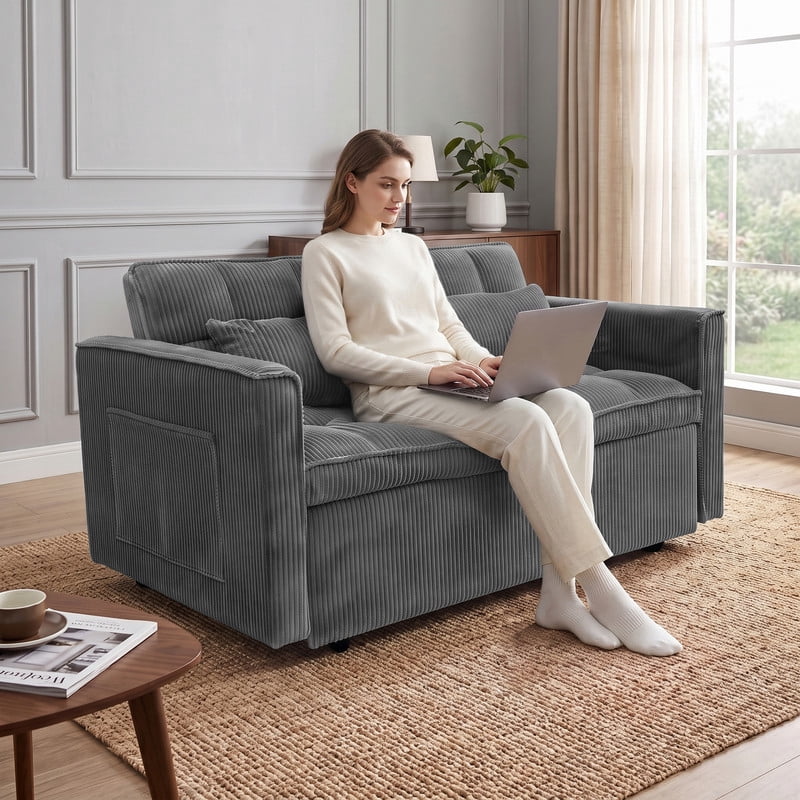 Anpport 54" 3‑in‑1 Convertible Sleeper Sofa Bed, Corduroy Pull‑Out Couch with Adjustable Backrest, Side Pockets & 2 Pillows for Small Spaces, Dark Gray