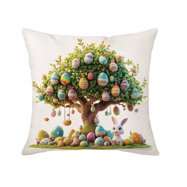 Easter Pillow Covers with Rabbits and Egg Patterns, Decorative Linen Throw Pillow Cases, Square Cushion Covers for Sofa Couch Home Holiday Decor