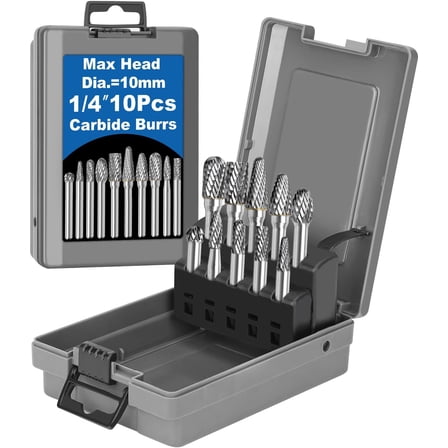 10Pcs Carbide Burr Set 1/4 Shank w/Grey Box Max Head Dia 10mm Die Grinder Bits Rotary Tools Attachment Kit Rasp Accessories Metal Wood Stone Steel Grinding Deburring Cutting Porting Carving