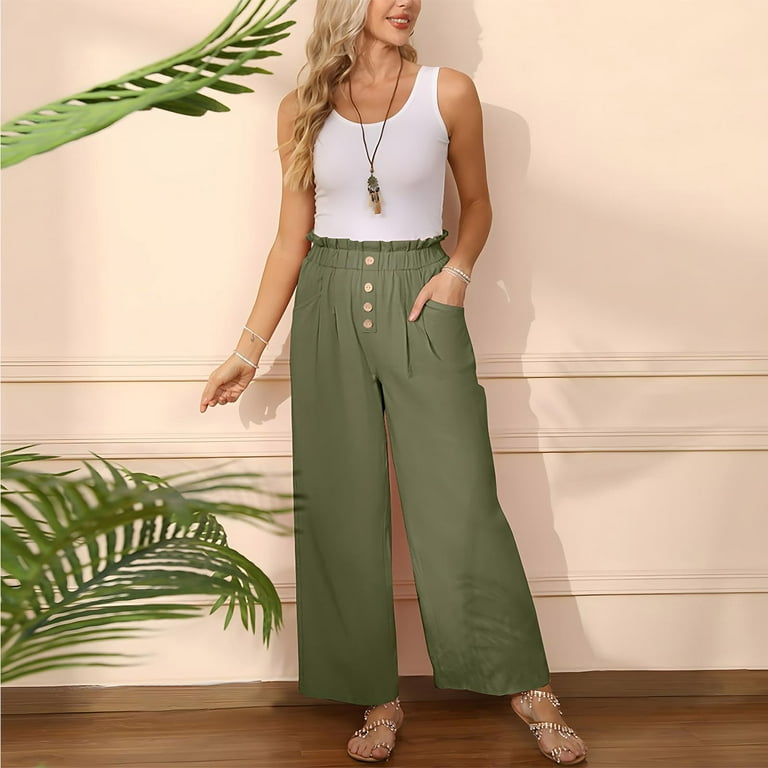 AherBiu Womens Suspenders Pants Elastic High Waisted Wide Leg Casual Loose  Trousers with Pockets