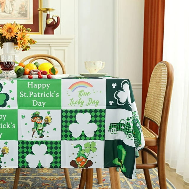St. Patrick''s Day Tablecloth for Square Tables 60" X 84".Green and White Check Clover Lucky Trucks Spring Table Clothes.Washable Polyester for Dining Table, Buffet Parties and Camping