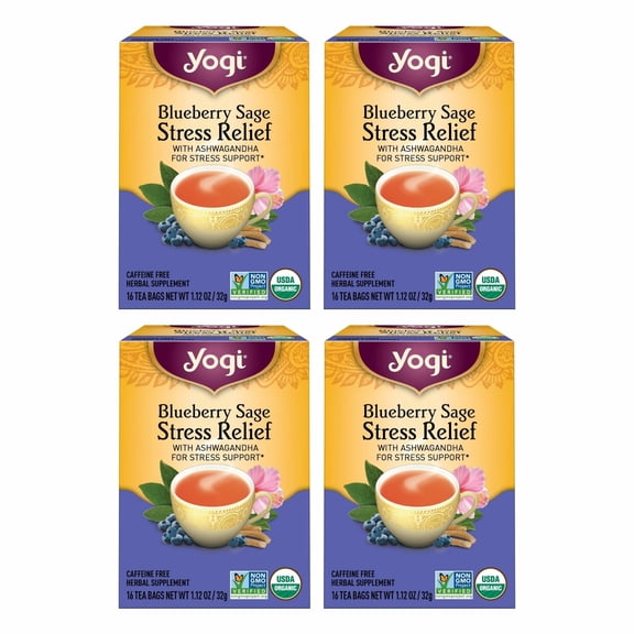 Yogi Tea Blueberry Sage Stress Relief - 16 Tea Bags per Pack (4 Packs) - Relaxing, Calming Tea to Support Stress Response - Includes Ashwagandha, Blueberry, Sage, Hibiscus & More