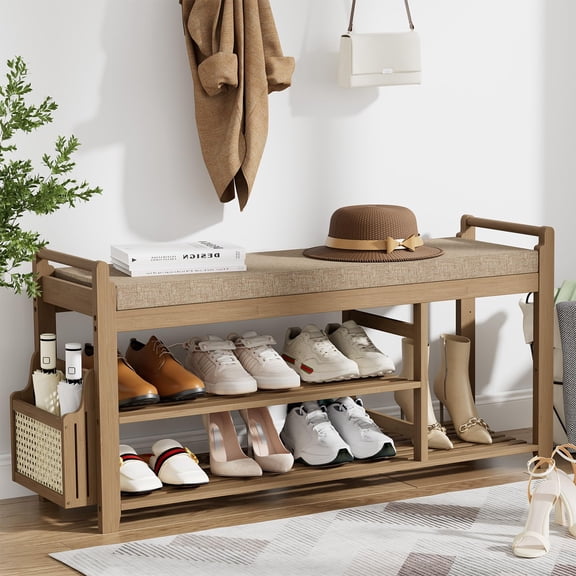 Walnut and Light Brown 2-Tier Shoe Rack Bench with Side Holder, Cushioned
