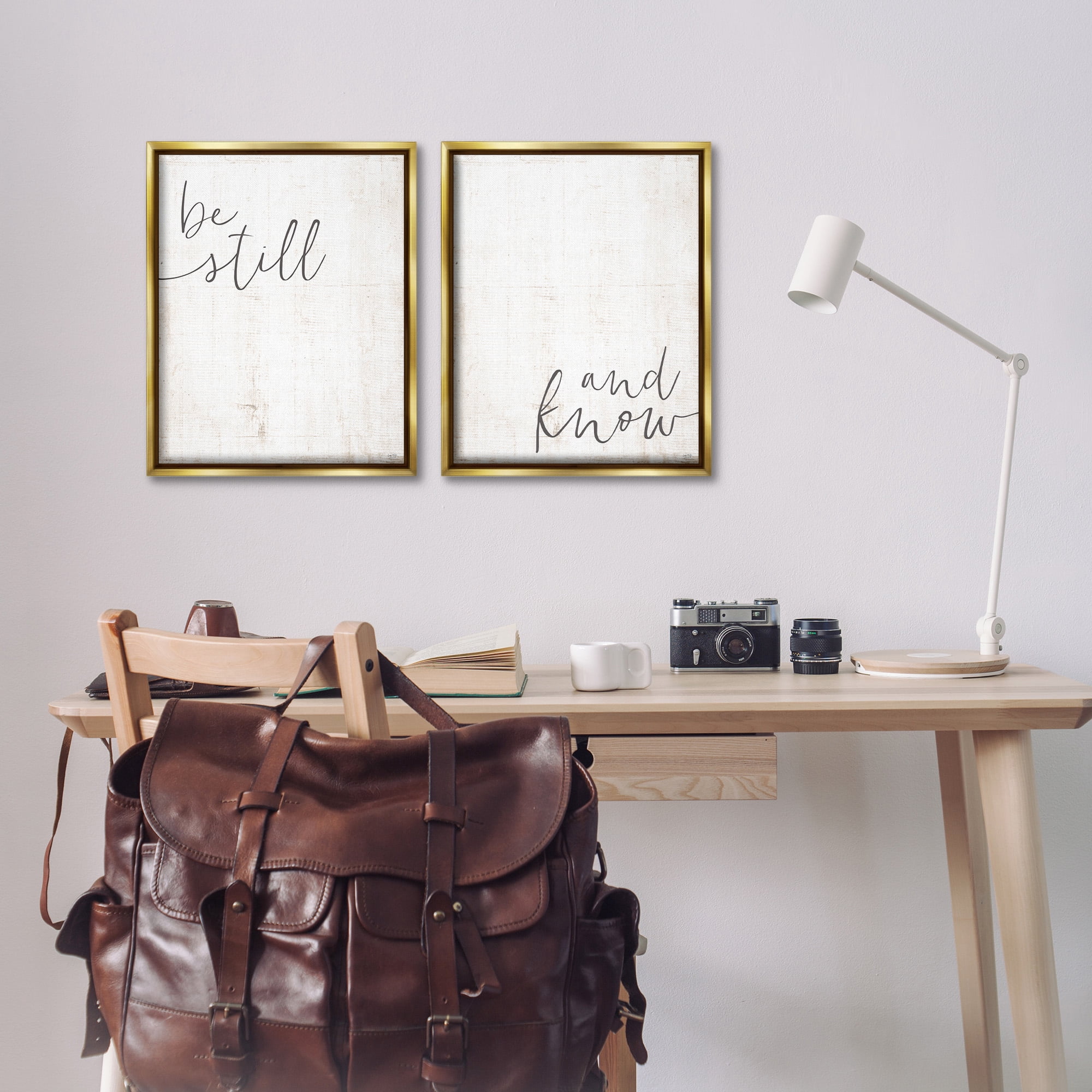Stupell Industries Be Still & Know Spiritual Calligraphy Inspirational Painting Gold Floater Framed Canvas Art Print Wall Art, 17 x 21, Set of 2