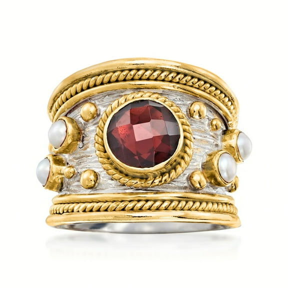 Ross-Simons 2.20 Carat Garnet and 3mm Cultured Pearl Ring in Sterling Silver and 18kt Gold Over Silver, Women's, Adult