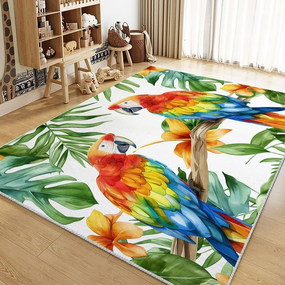 Living Room Area Rugs, Watercolor Animal Parrot Printed Decorate Rug, Green Carpet Washable Short Pile Rugs For Bedroom Dining Room, Soft Non-Slip Rectangle Rug