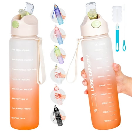 

Water Bottle 1L Sports Water Bottle with Straw & Time Maker Drinks Bottle with Bottle Brush and Filter Leak-proof BPA-free Plastic Drink Bottle for Running Gym Cycling Office and School (Orange)