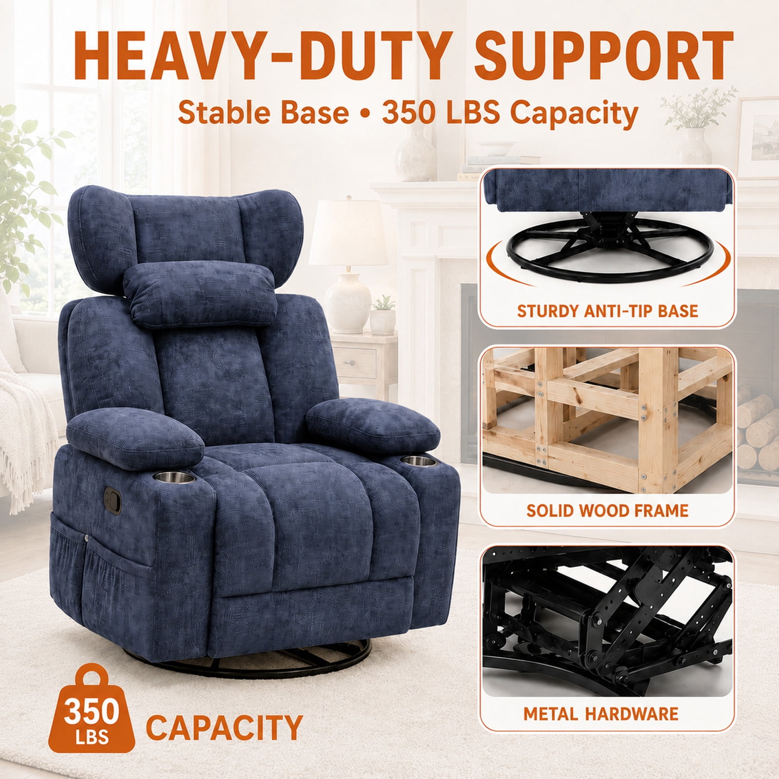 Leumius 360° Swivel Recliner Chair, Single Recliner with Adjustable Detachable Neck Pillow Ergonomic and Cup Holders, 300lbs Capacity Versatile Lounge Chair for Living Room Bedroom Home Theater