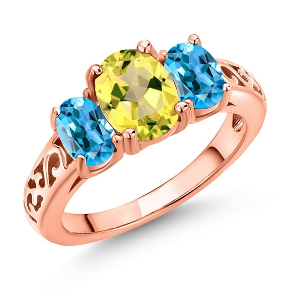 Gem Stone King 18K Rose Gold Plated Silver Canary Mystic Topaz and Swiss Blue Topaz Filigree Style 3 Stone Ring for Women (2.66 Cttw, Oval 8X6MM and 6X4MM) (Size 5)