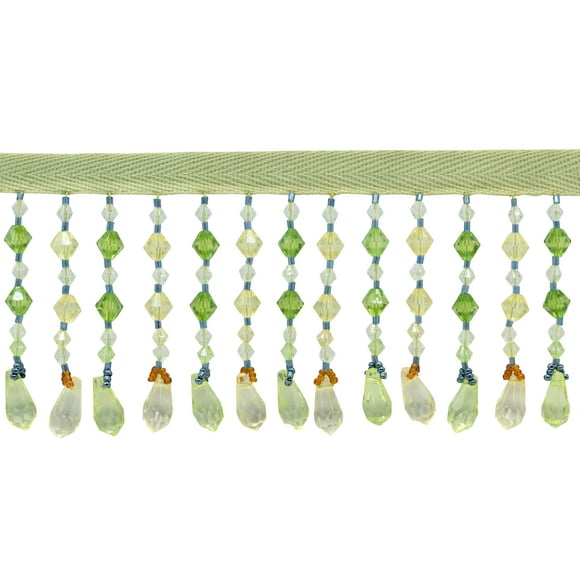 2 1/2" (6cm) long Beautiful Handcrafted Diamond Teardrop Beaded Fringe Trim (Style# B12027), Cabbage Green Multicolor (Color# L60008) Sold By The Yard (36"/3 ft/0.9m)