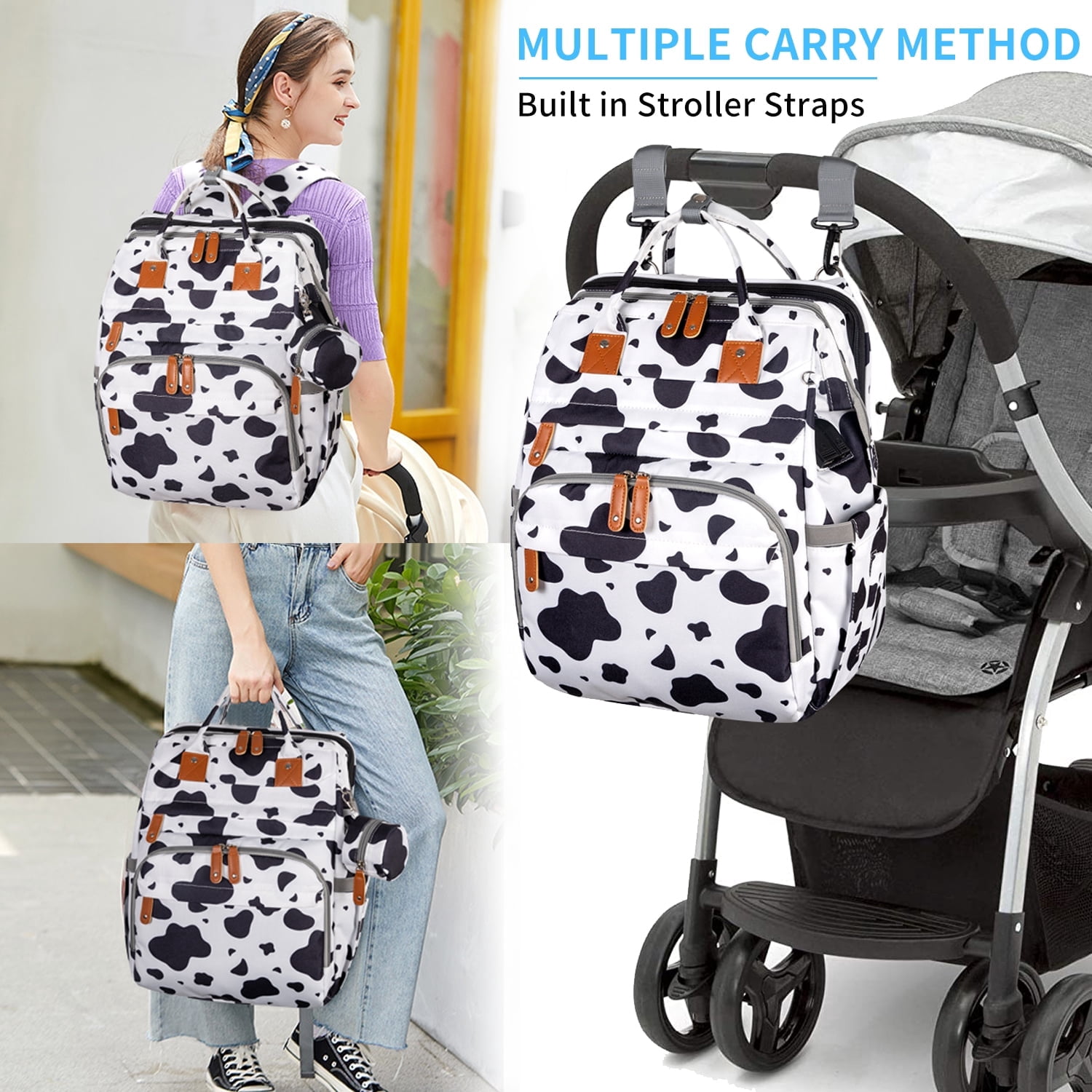 Baby Diaper Bag Backpack with Changing Station & USB Charging Port, Multifunctional Newborn Baby Bag Backpack, Cow