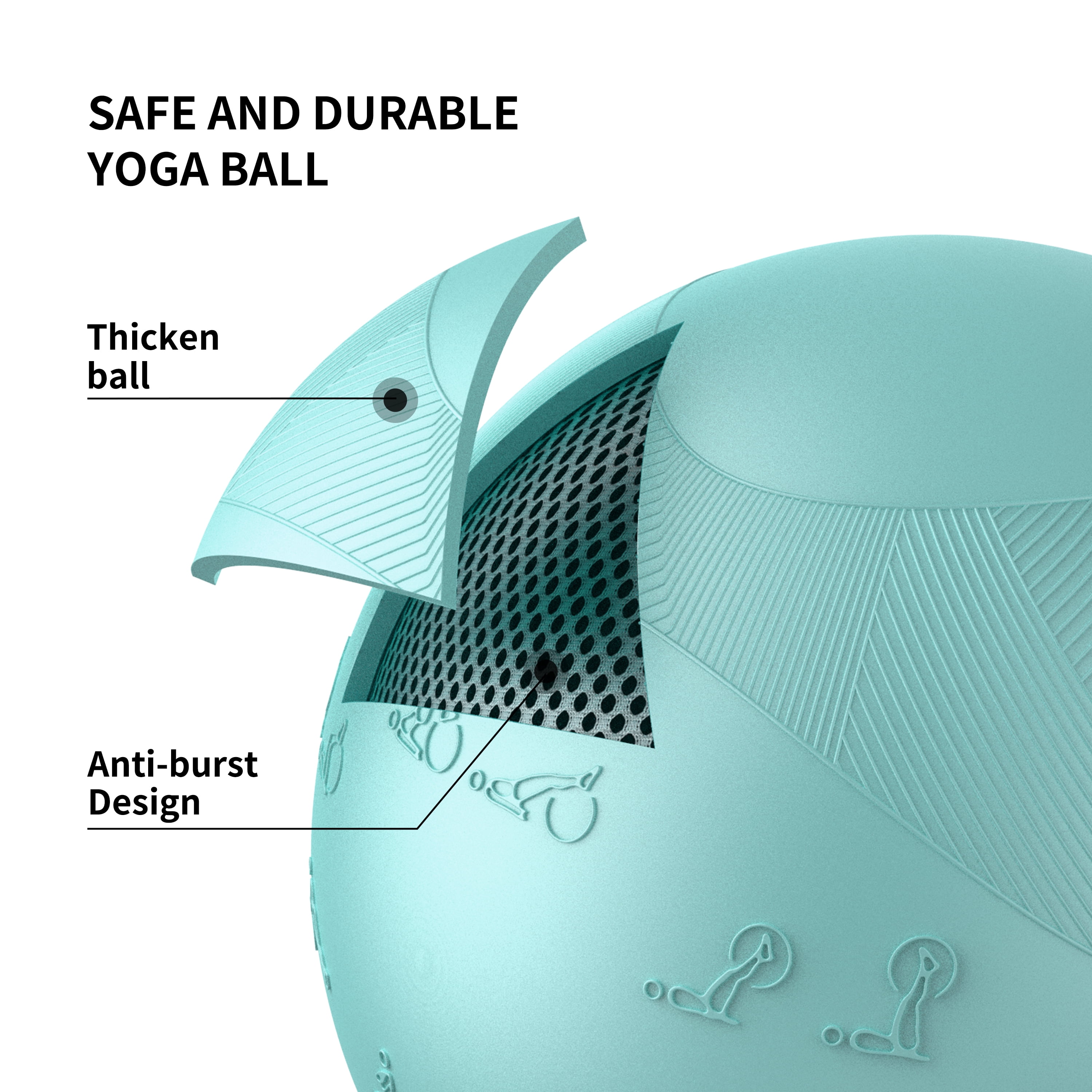 FITMIND Thick Exercise Ball with Embossed Pattern, 25in, Hand Pump, Anti-Burst, Cyan