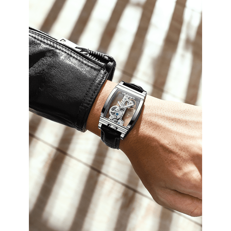 46mm Men's Stainless Steel 2024 Mechanical Winding Skeleton Leather Band Wrist Watch. Great For Valentines Day, Anniversary & Father's Day Gift