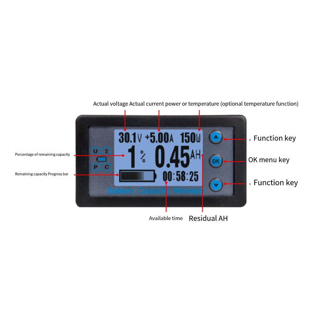 MOMOJIA LCD Display Coulomb Meter Digital Battery Capacity Tester with Shunt Voltage Current Meter Battery Power Indicator Panel