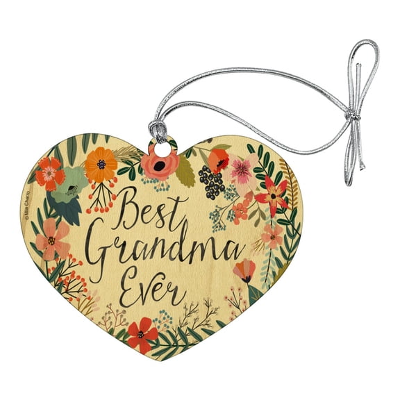 Best Grandma Ever Floral Heart Love Wood Christmas Tree Holiday Ornament