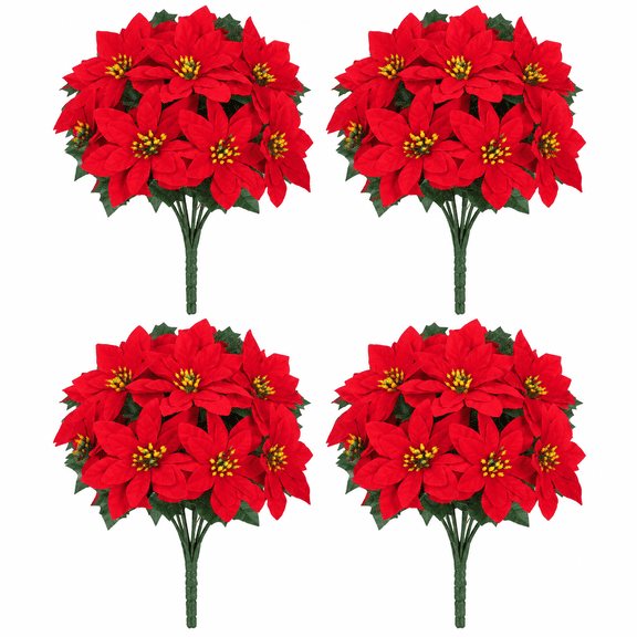 Waipfaru 4pcs Artificial Poinsettia Bushes,14 inch Faux Red Velvet Poinsettia Flowers for Indoor Outdoor Christmas Tree Home Porch Decorations