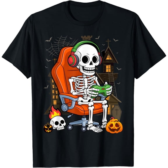 Gamer Halloween Skeleton Gaming Hallow Eve Boys T-Shirt
