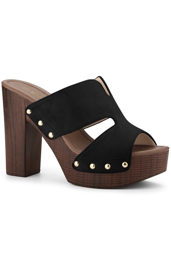 Women's Faux Suede Platform High Block Heel Slides Sandals Black 5.5