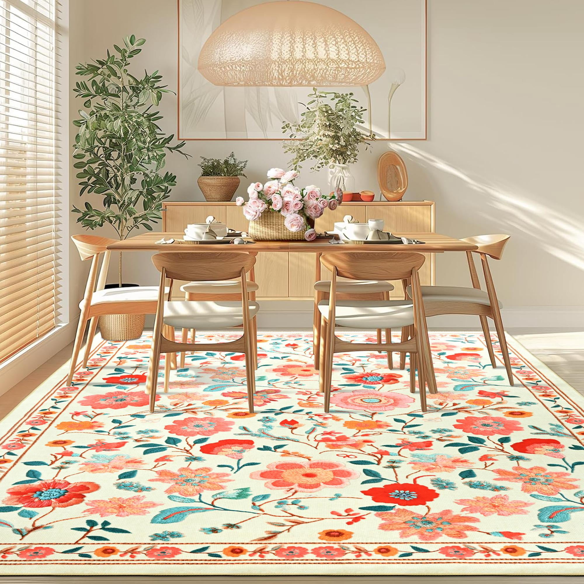 Wondo 8x10 ft Beige Washable Area Rug - Low Pile Non-Slip Bohemian Floral Design for Bedroom, Living Room, Dining Room, Office & Kids Room