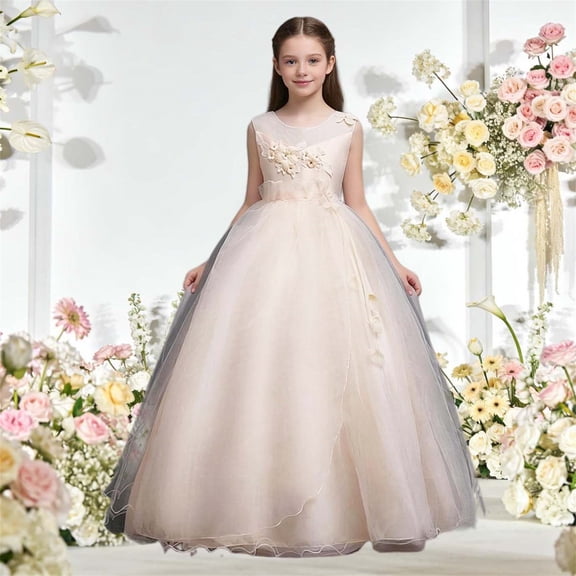 BRGZLK Kids Girl Maxi Dress Summer Solid Color Sleeveless Round Neck Tulle Dresses Trendy Breathable Cute Wedding Birthday Party Princess Dresses Beige 9-10 Years