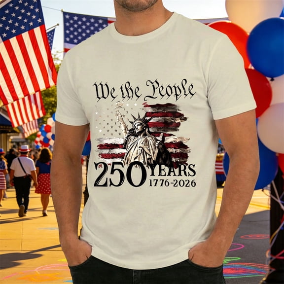 Mens Graphic T-shirts 250 Anniversary USA Shirt Short Sleeve Crewneck Patriotic Tee Breathable Casual T Shirt for Men Beige L