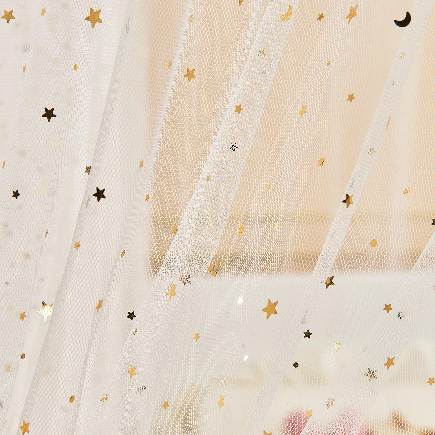 White Shiny Bed Canopy with Lights for Girls Kids, 4 Corner Post Moon Stars Sequin Princess Canopy Bed Curtains for Bedroom Decor (Twin, White)