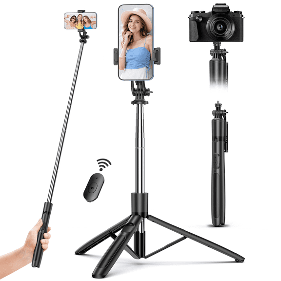 QIRITA 62" Phone Tripod & Selfie Stick, Extendable Selfie Stick Tripod for iPhone with Remote, Compatible with iPhone Android, Camera, Vlog (Black)