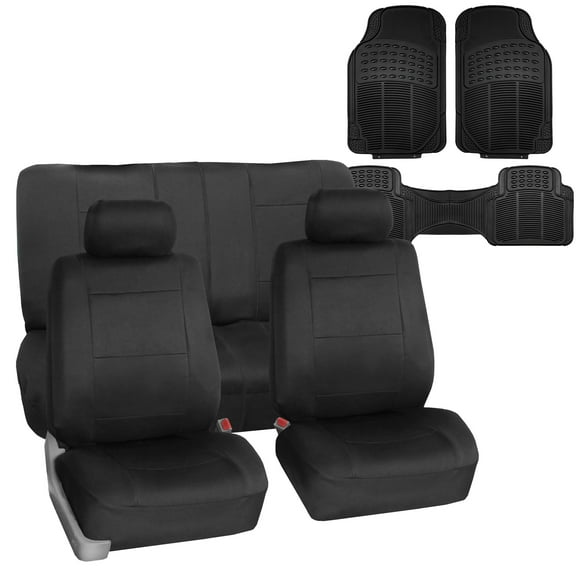 FH Group Neoprene Car Seat Cover Solid Black Combo w/ Black Floor Mats for Auto