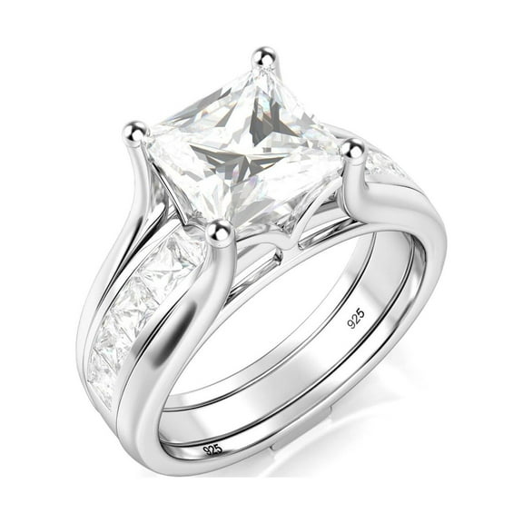 Sz 7 Sterling Silver 2Pcs 925 CZ Cubic Zirconia Engagement Wedding Band Ring Insert Set