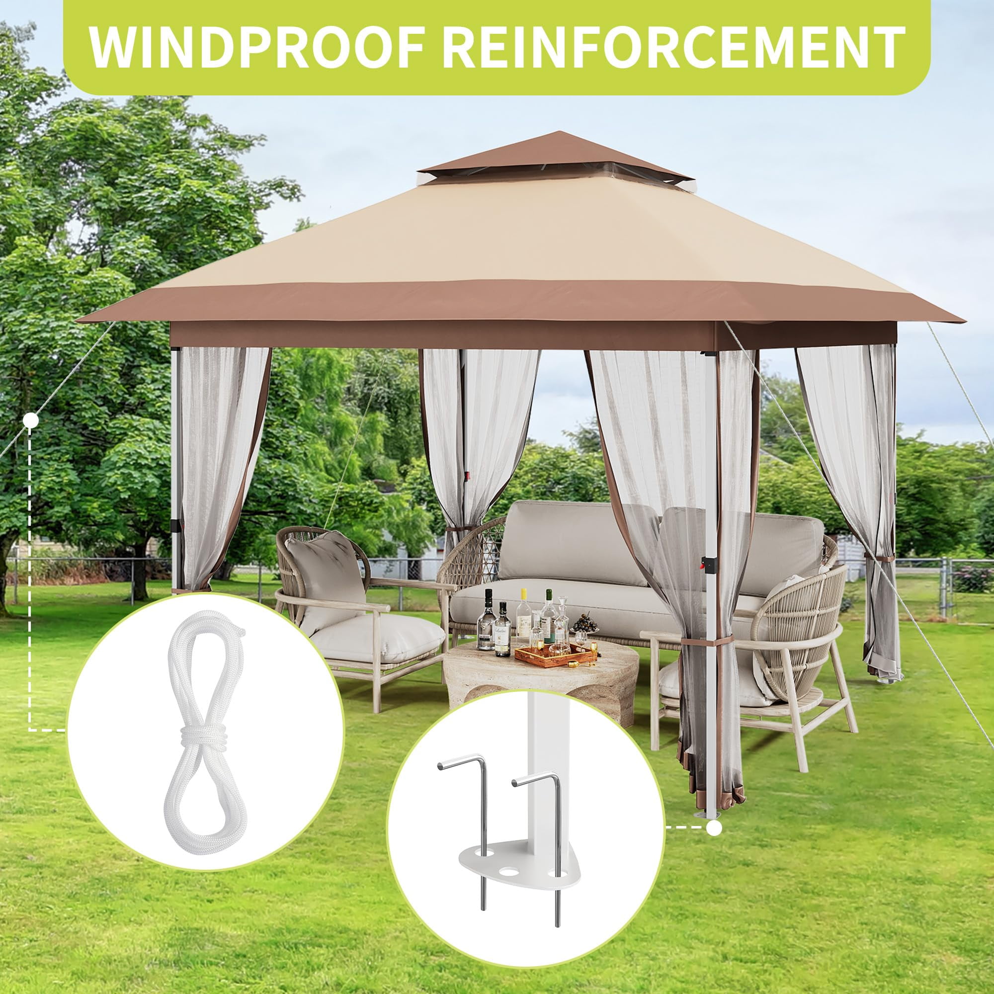Kojooin 10x10 Pop Up Gazebo, Outdoor Canopy Tent with Mosquito Netting, Pop Up Canopy Tent with Curtains/Adjustable Height/Wheeled Carrying Bag for Patio Garden Backyard Lawn