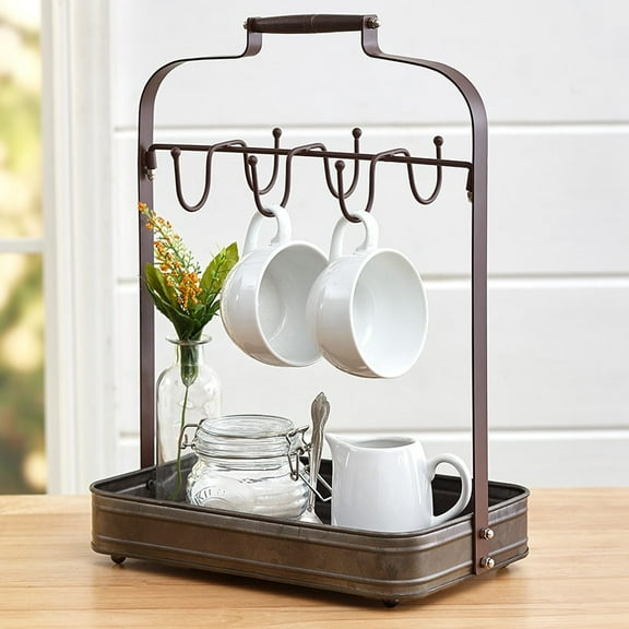 The Lakeside Collection Galvanized Metal Coffee Mug and Cup Holder with Storage Tray - Bronze
