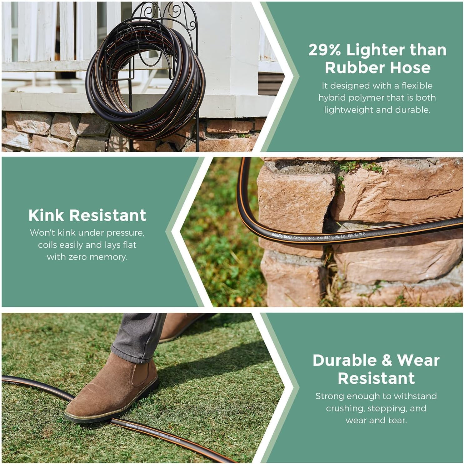 RGHJAR-Garden Hose 5/8" Custom Length, No Kink, Flexible, Leakproof Water Hose, 600 Burst PSI, 6ft Male Female Fittings,Black Orange
