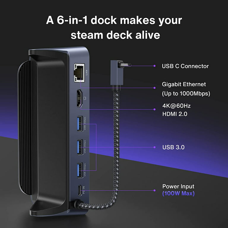 ROG Ally Dock 6-in-1 Hub Docking Station For Steam Deck & ROG Alloy with  HDMI 2.0 4K@60Hz, 100W Charging USB-C Port 
