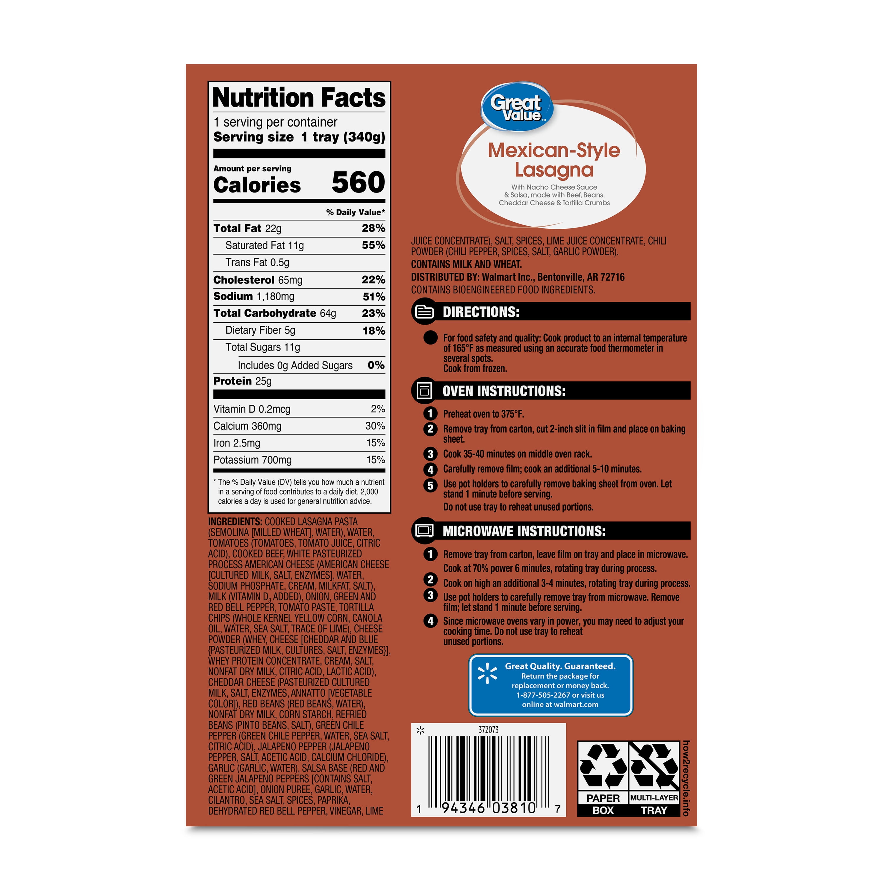 Great Value Mexican Style Lasagna, 12oz (Frozen)