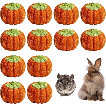 DFORD 12 PCS Rabbit Chew Toys, Natural Pumpkin Carrot Timothy Grass Guinea Pig Chew Toys for Teeth Bunny Molar Snacks Dental Care Hamster Treats for Bunny Guinea Pig Chinchilla Hamster Gerbil